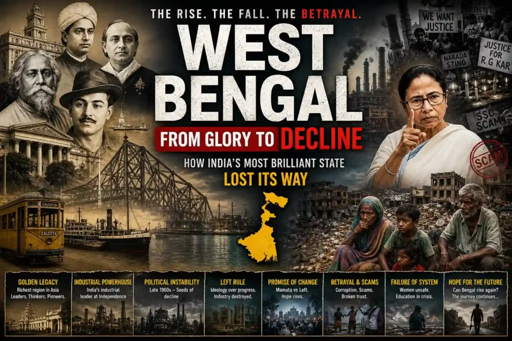 Cinematic documentary-style collage showing West Bengal’s transformation from historical prosperity to modern challenges with Kolkata landmarks, notable figures, industry decline, protests, and social struggle,
