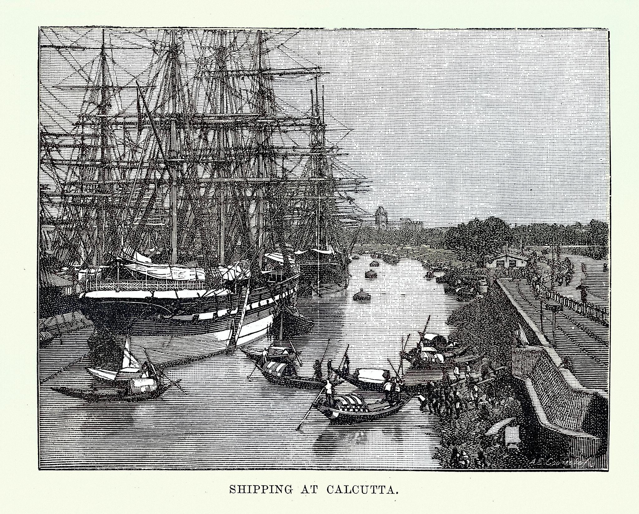 Historical illustration of ships and trade activity at Calcutta port during colonial times,