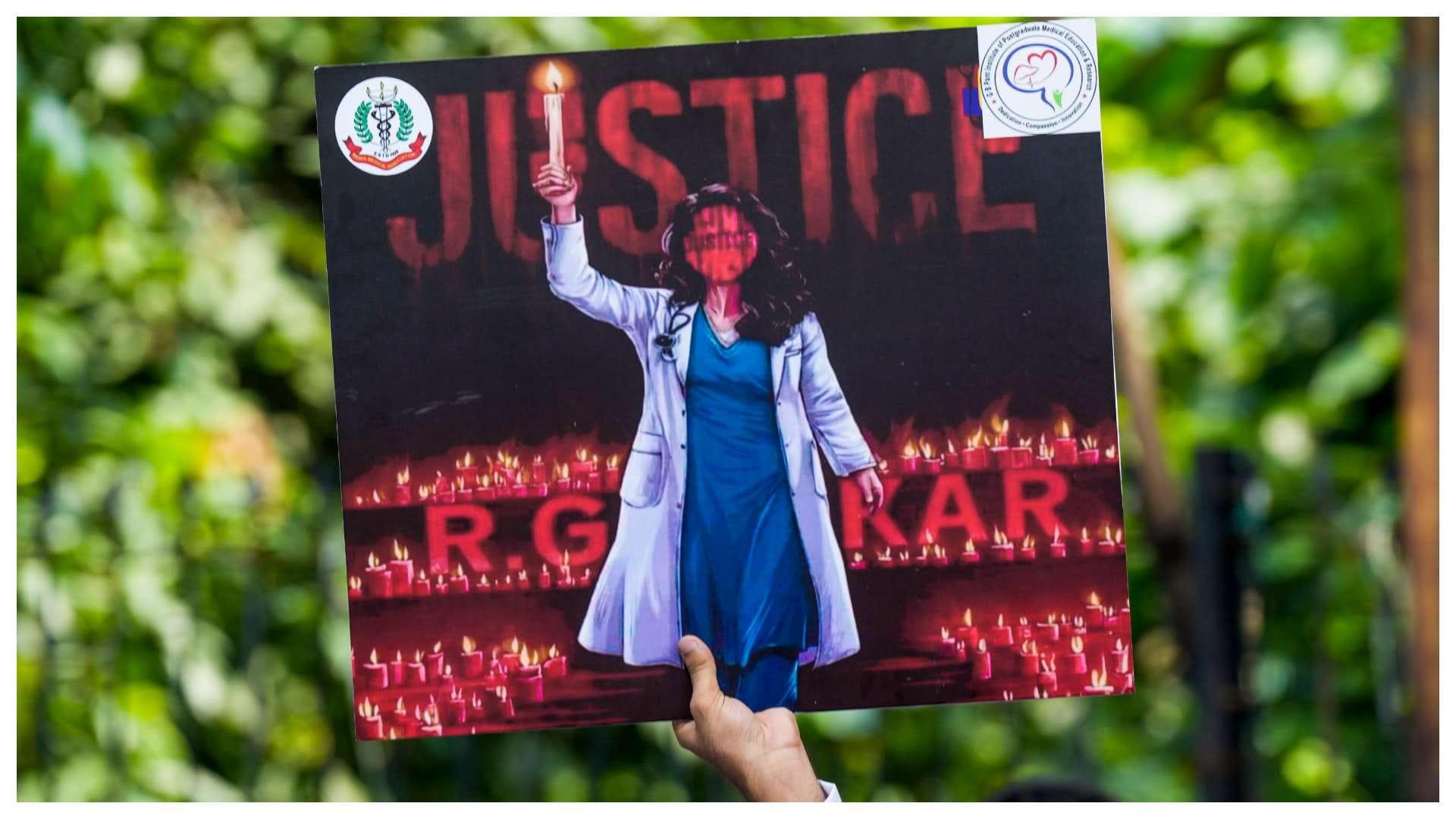 Protest poster showing a doctor holding a candle symbolizing justice and remembrance in a medical tragedy,